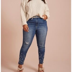 Arula  • Pearl Embellished High Rise Denim Jean Sz 14 Distressed Skinny